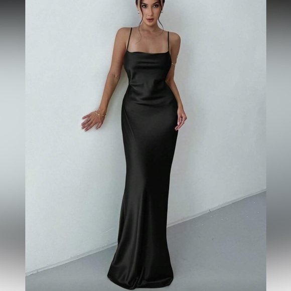 Black silk slip dress backless tie cami maxi dress draped low back cocktail - Picture 5 of 7